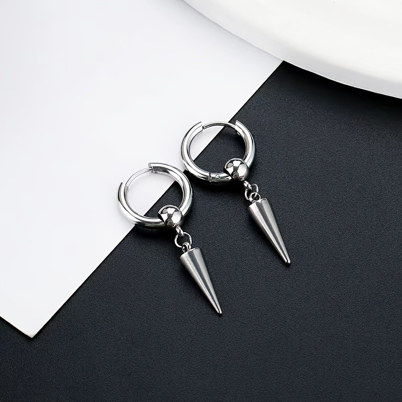 1 par de pendientes colgantes de cono de acero inoxidable a la para hombre, pendientes colgantes de estilo Retro Punk Hip-hop para hombre