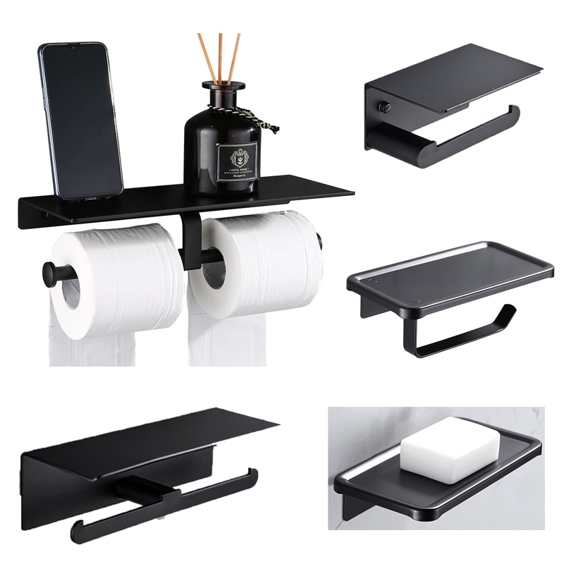 Matte Zwarte Dubbele Wc Papierrolhouder Badkamer Accessoires Wc Handdoek Houder Rack Plank Aluminium Materiaal