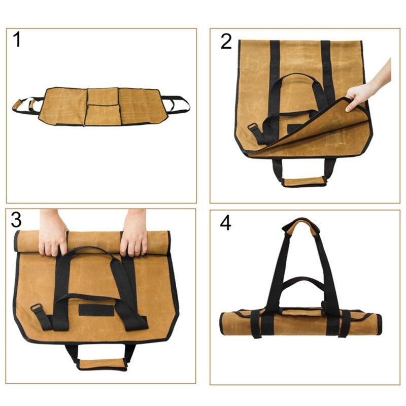 Porta troncos para leña, lona encerada, soporte de madera para chimenea, bolsa de mano para troncos