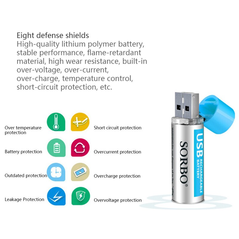 SORBO USB Rechargeable Battery 1.5V AA 1200mAh Lithium Polymer Lithium Battery USB Rechargeable Lithium Battery RoHS CE