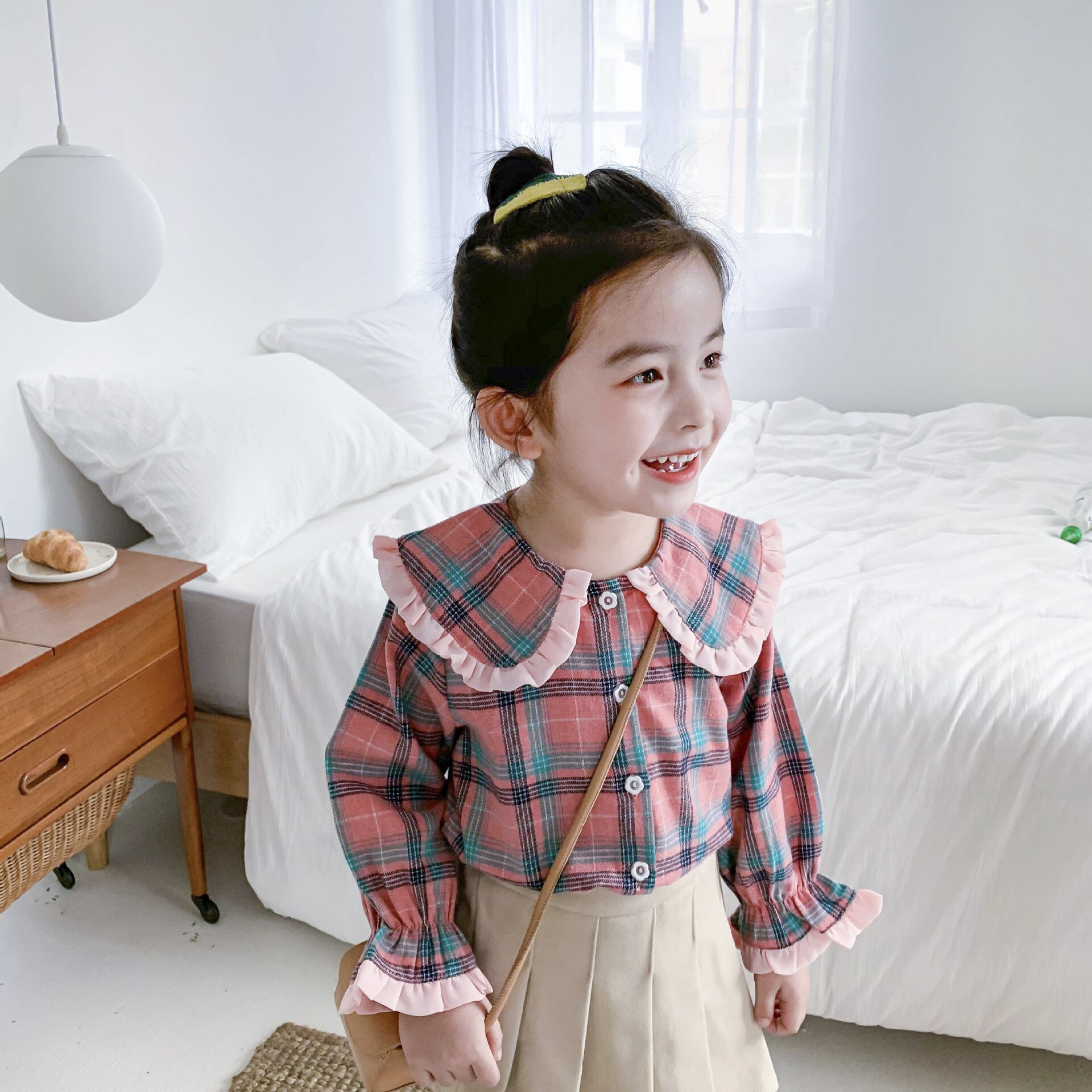 Herfstmeisjes geruit t-shirt met lange mouwen, katoenen topjes voor kinderen, meisjestopje