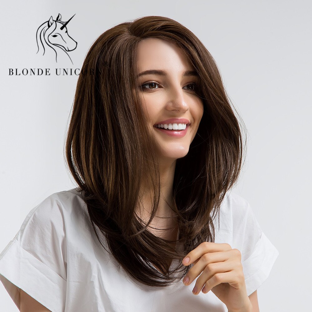 Blonde Unicorn Medium Long Front Lace Synthetic Wigs Black Brown with Highlight Wig for Black White Women Wedding Lace Hair: Lamp-lc107