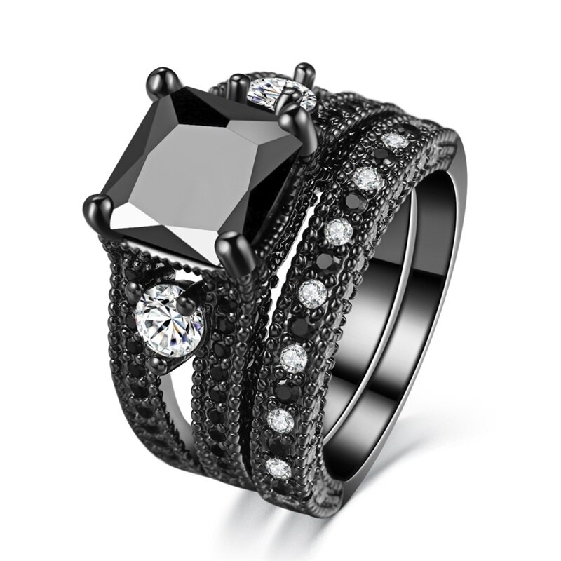 2 Stks/set Mode Vrouwelijke Zwarte Zirkonia Steen Ring 18KT Zwarte Goud Kleur Ringen Gorgeous Wedding Bands Voor Vrouwen Engagement Sieraden