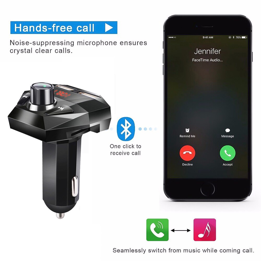 Kit de manos libres para coche, reproductor de MP3 LCD, transmisor FM con Bluetooth inalámbrico, carga USB, compatible con carga mientras escucha canciones,