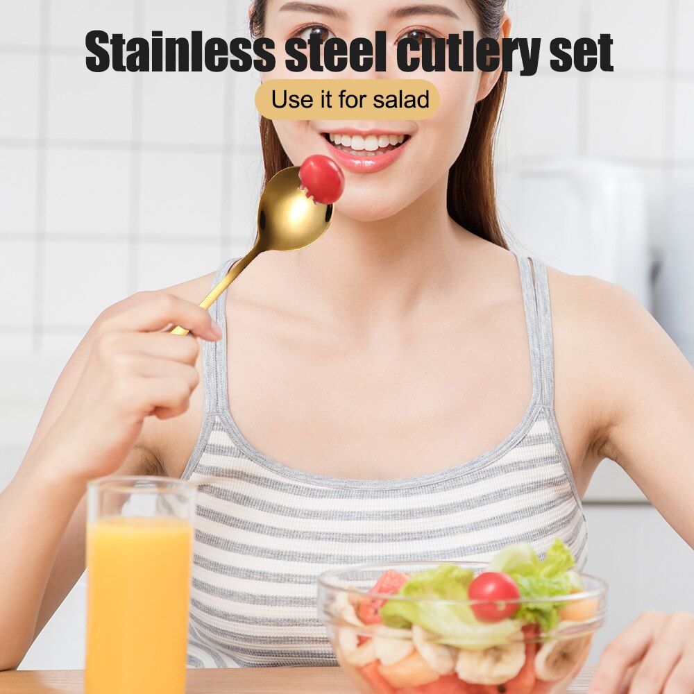 2 stk salatske og gaffel bestikssæt i rustfrit stål serveringsske sæt grødnudler guld sølv farverige skeer