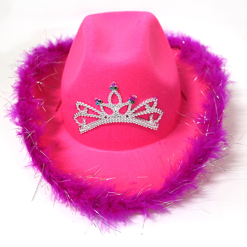 Cowboyhat i westernstil pink #39 til kvinder skæv bred skygge med pailletter dekoration krone tiara cowgirl hat