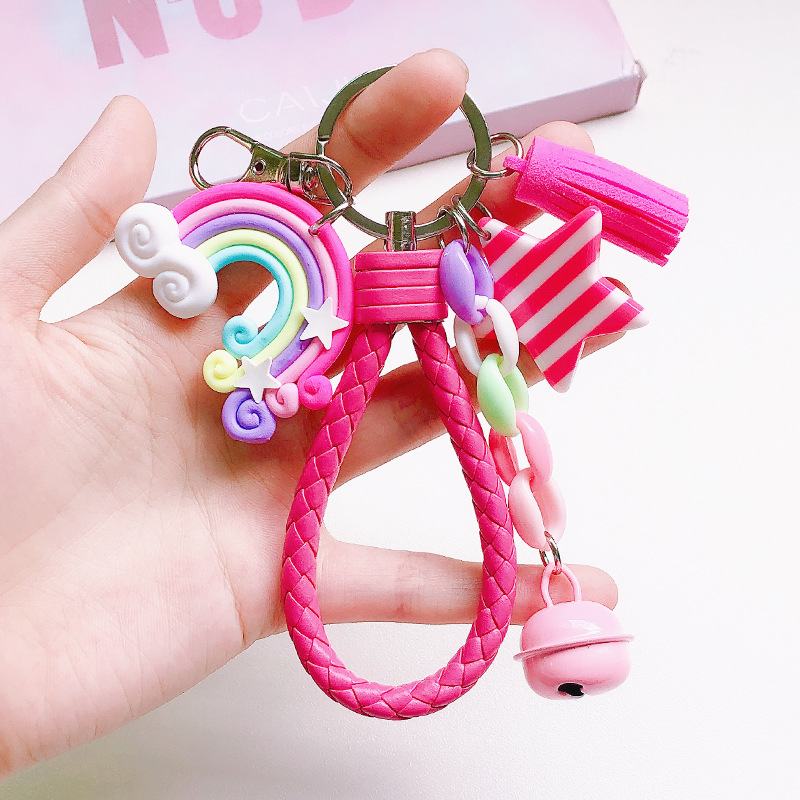 Porte-clés arc-en-ciel mignon, bracelet en cuir, corde tressée, pompon, pour femmes et filles, cloche étoile, sucette, accessoires de sac,: 22/613 #