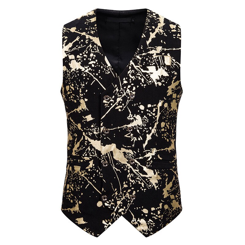Slank dobbeltradet jakkesæt vest mænd hipster sølv splash blæk print kjole vest vest mænd fest bryllup smoking veste: Guld / Xxl