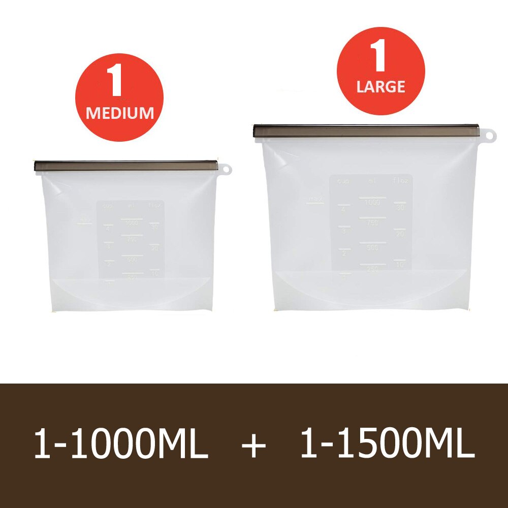 Reusable Silicone Food Storage Bag 1000ml 1500ml Kitchen Silicone Storage Bag Eco Ziplock Seal Freezer Bag Fresh Bags: 1-1000ml 1-1500ml