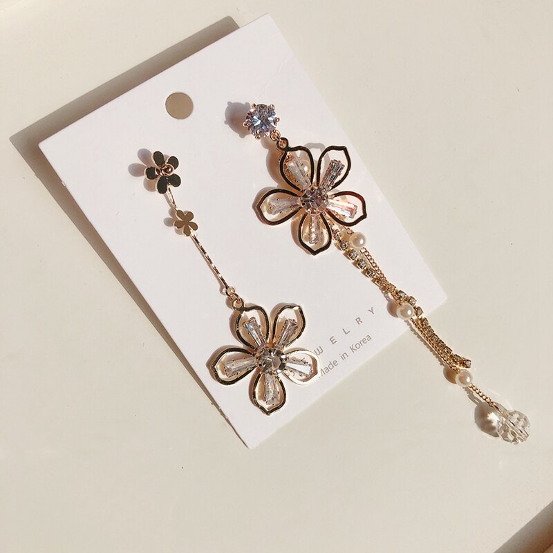 Mengjiqiao moda coreano delicado zircão flor longo borla brincos de gota para mulheres meninas elegante pérola pendientes jóias