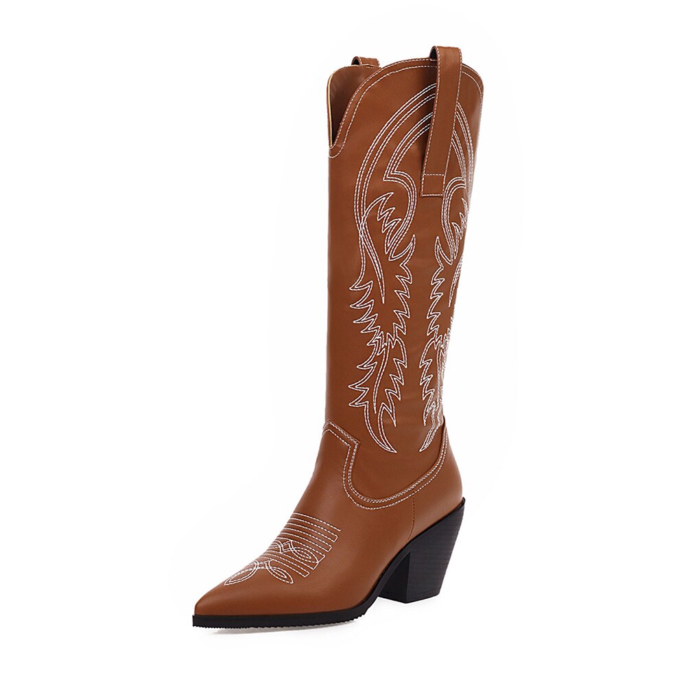 Retro kvinnor knähöga stövlar läder ridstövlar medeltida western cowgirl boot höst vinter spetsig tå kvinna kosacker stövlar: Brun / 4.5