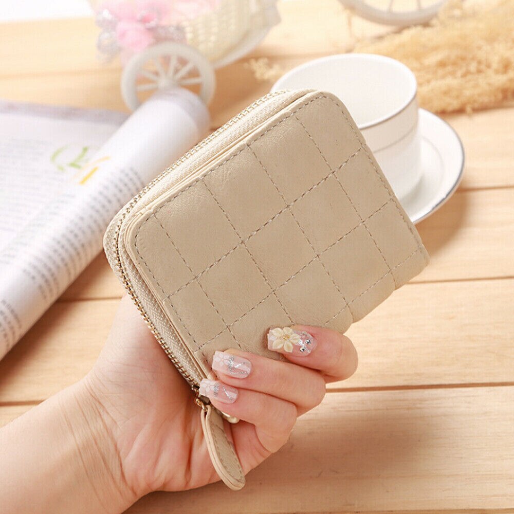 Afslappet mini pung damekort møntpung solid plaid clutch taske pu læder kreditkortholder: Beige