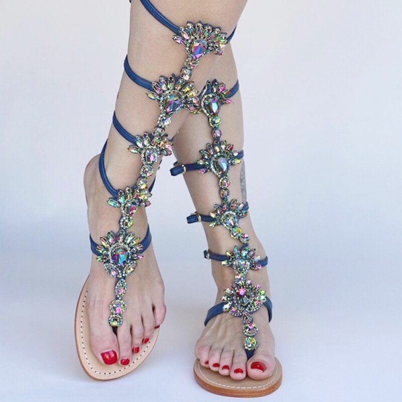 Sommer Wohnungen Sandale Gladiator Gold Strass Kniehohe Schnalle Frau Stiefel Kristall Strand Schuhe Plus größe 43