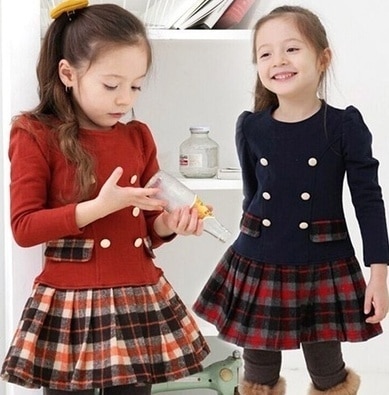 Children Clothing Autumn Winter Baby Girls Plaid Long Sleeve Princess Dress Party Dress Tutu Dresses: Navy blue / 8