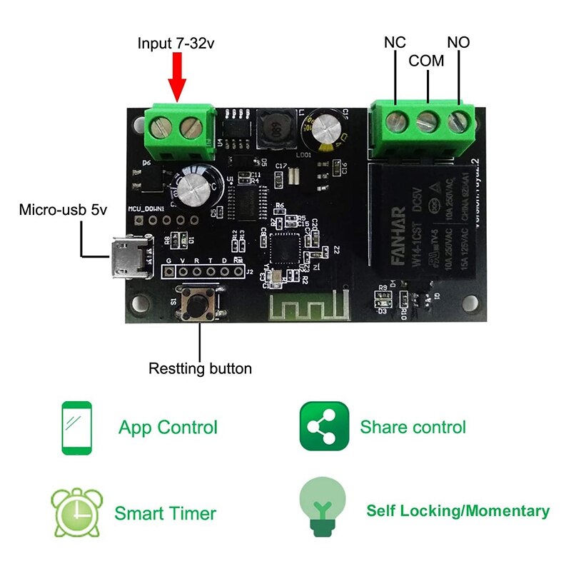 WiFi Momentary Inching Relay Self-Locking Switch Module DC 7-32V WiFi Relay Switch Smart Life/Tuya APP Remote Control