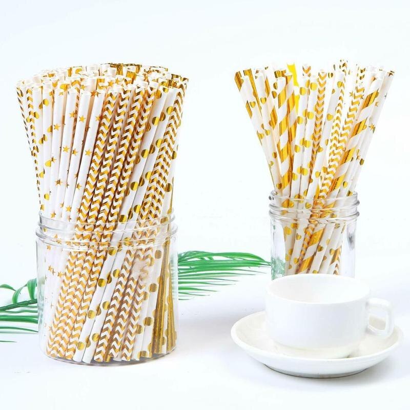 50pcs Gold foil Disposable Paper Straw Christmas Wedding Cartoon Birthday Supplies Party Degradable Juice Drink Straw Kids G2M4
