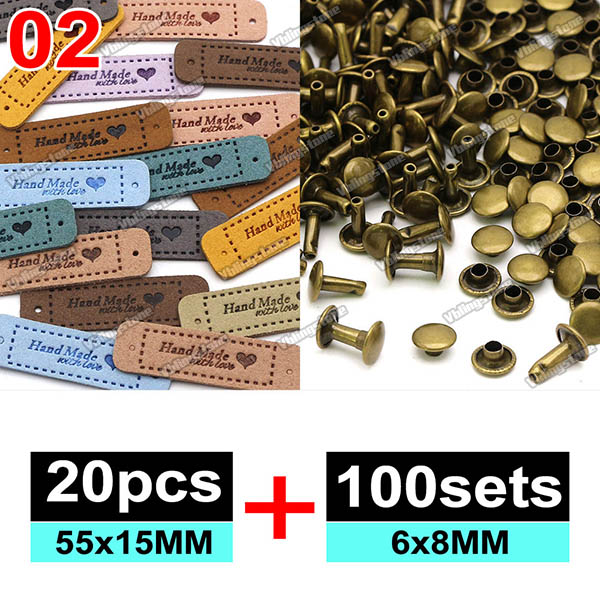 Zestawy etykiet skórzanych Ręcznie robione etykiety na ubrania Wytłaczane etykiety z metalowymi nitami z podwójną nasadką 6x8MM Akcesoria robić szycia: Element mosiężny w starym stylu