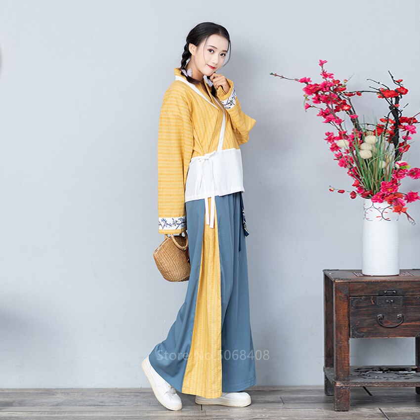 Japanese Style Kimono Dress for Women Retro Lace Up Haori Embroidery Yukata Top Wide Leg Pants Asian Dance Costume