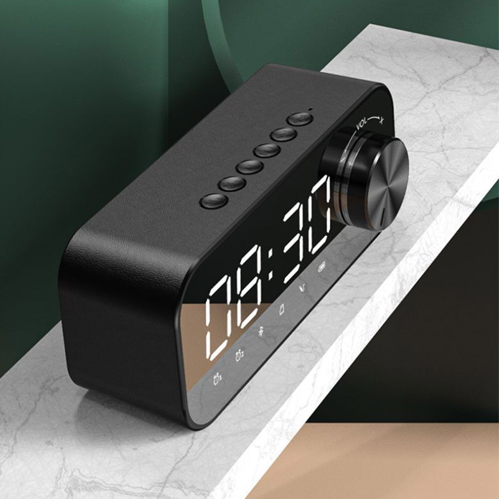 Mirror Surface Office Stereo Adjustable Volume With Night Light Home Decor Alarm Clock LED Digital Desktop Bluetooth Speaker: Black