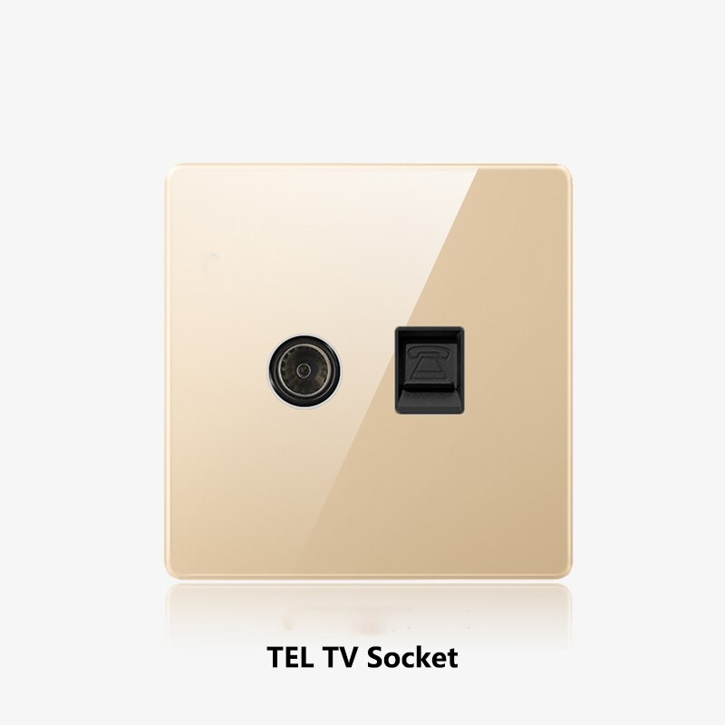 Atlectric wall socket netværk telefon lnterface flammehæmmende guld glaspanel cat 5 rj45 internet stikkontakt dual socket 86mm*86mm: 1 p 1t