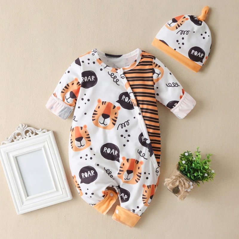 Newborn Baby Boys Girls Clothes Cartoon Animal Pattern 2Pcs Outfits Set Long Sleeve Jumpsuits+Hat Infant Toddler Clothing Suit12