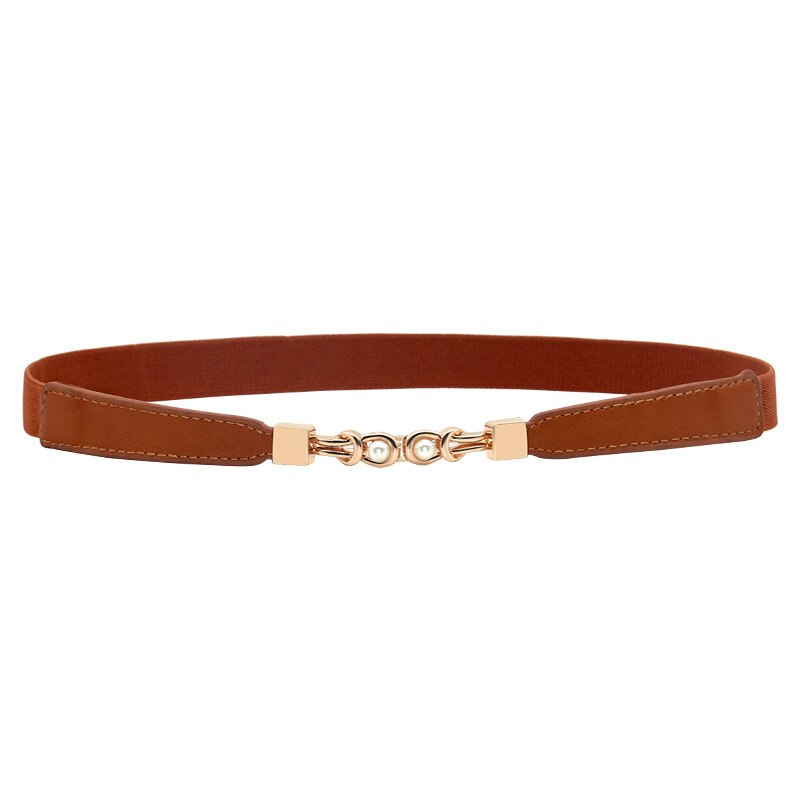 Cinturones finos de para mujer, cinturón elástico para vestido de señora, hebilla de perla, marrón, negro, correa para cintura femenina: brown