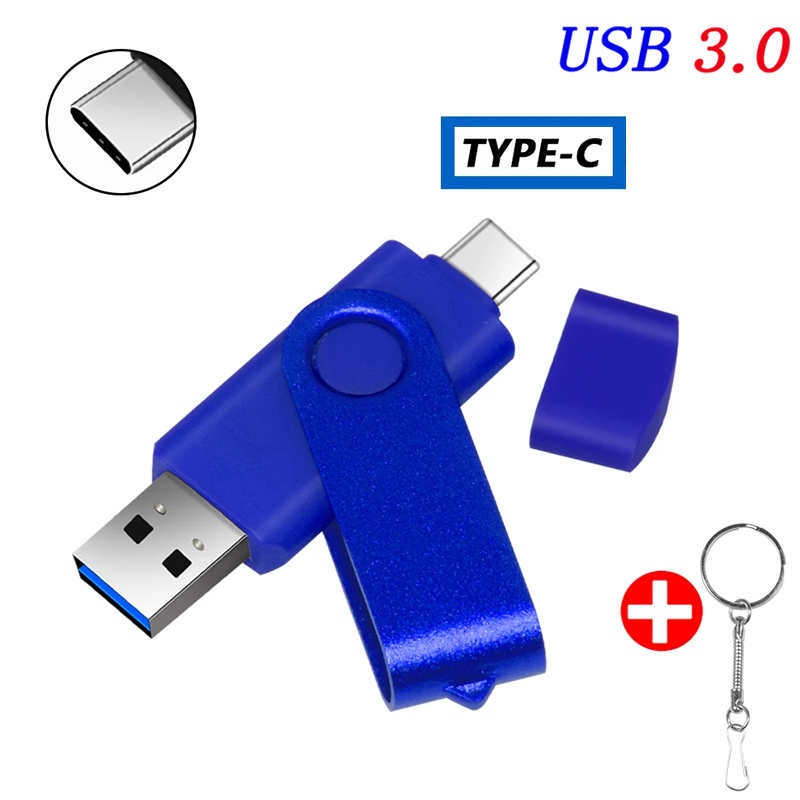 Type-C USB 3.0 High Speed Flash Drive 2 IN 1 360° Rotate Freely Pen Drive 128GB/64GB/32GB/16GB Multi-format Compatible U Disk: Blue / 16 GB