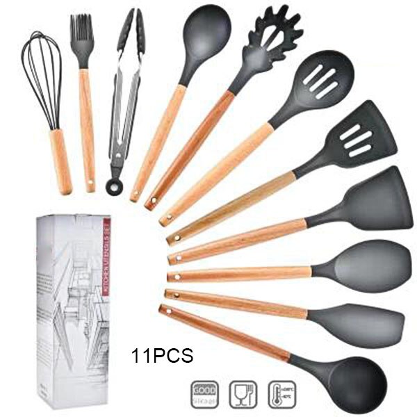 Ustensiles de cuisine en Silicone | Ustensiles de cuisine, ensemble d'ustensiles de cuisine, ustensiles de cuisine antiadhésifs, poignées en bois, outils de cuisine, pinces tournantes cuillère: 11pcs