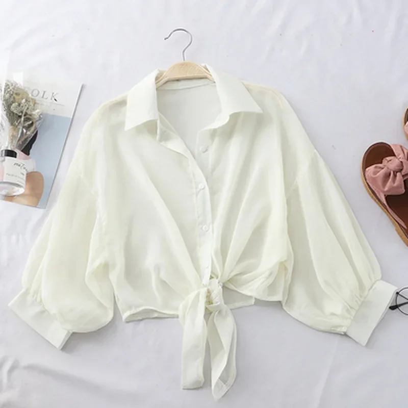 Blusa informal holgada de gasa con media manga para mujer, camisa con botones, cintura atada, primavera y verano, 9776