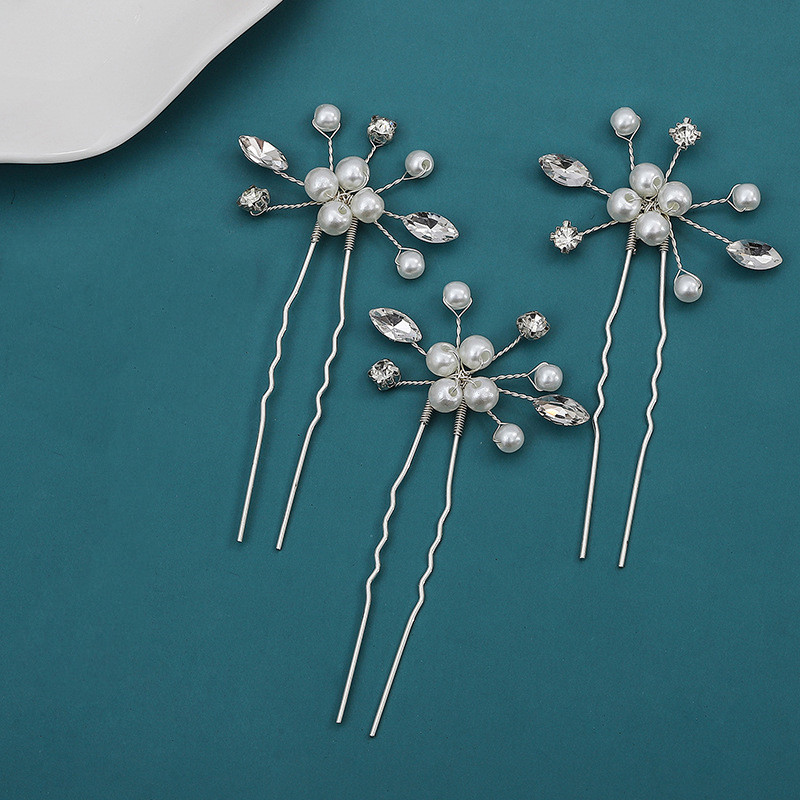 Horquilla en forma de U de flor blanca para mujer, 3 piezas, pinzas para el pelo elegantes, accesorios de joyería para el cabello, adornos para la cabeza de boda: Azul