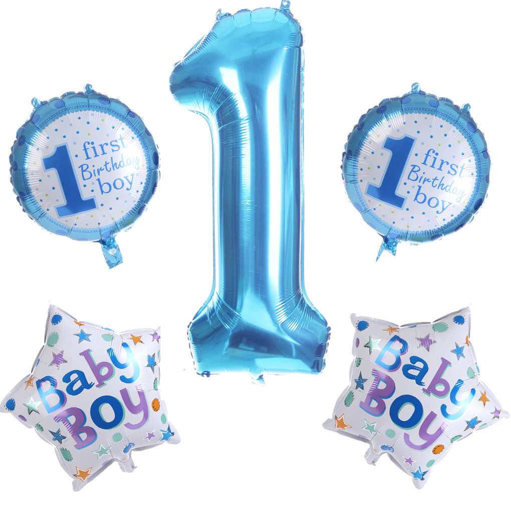 5 stk ballonsæt baby et års fødselsdag aluminiumsfolie femtakket stjerne nummer ballon blå pink festpynt: Blå