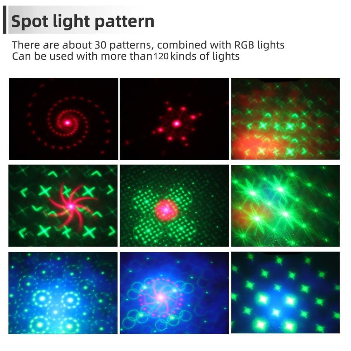 120 mønstre rgb uv hvid strobe lys disco dj fest julemusik klub lyd aktiveret flash scene belysningseffekt