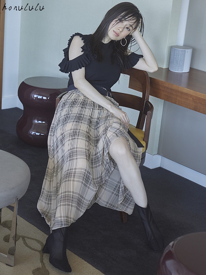 spring Japanese women's irregular plaid slit skirt