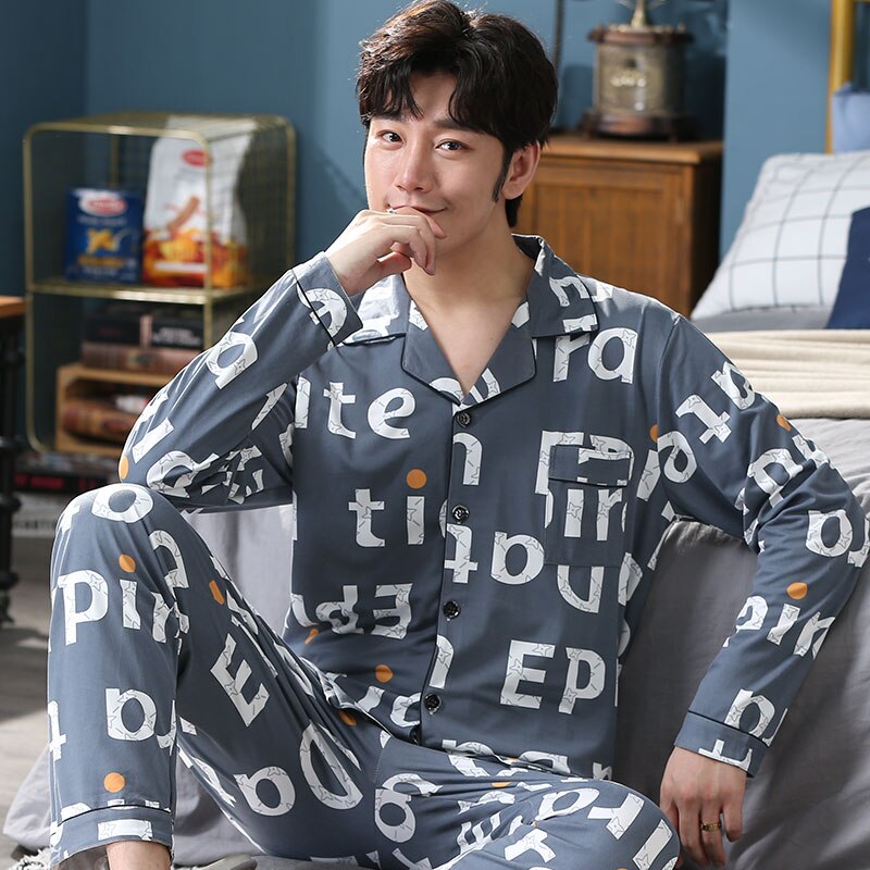 primavera y otoño 100% pijamas de algodón impreso traje de 2 piezas pijamas simples para hombres solapa casual suave pijamas servicio de hogar