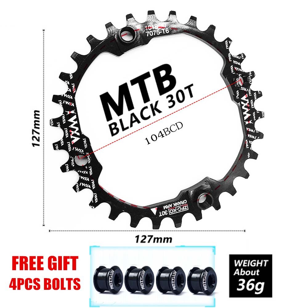 Vxm fiets 30t kettingbladen 104 bcd mountainbike kettingblad smal breed mtb single speed fiets kettingblad gekleurde fietsbouten: Ronde 30t zwart