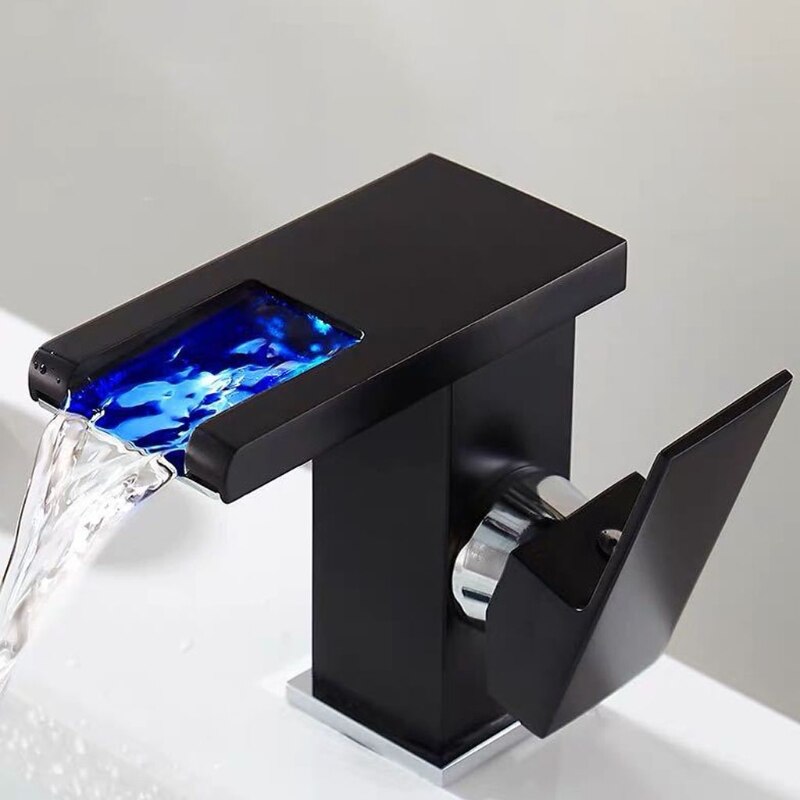 LED Waterfall Kitchen Bathroom Basin Sink Taps Faucet Temperature Color Change: BK-B