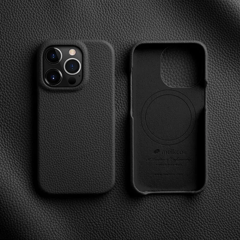 Melkco Premium Genuine Leather Case for iPhone 15 14 Pro Max Plus Magnetic Luxury Business Natural Cowhide Phone Cover: CANVAS / black