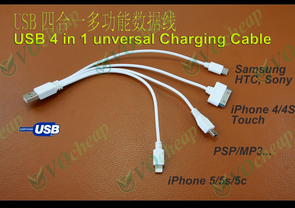 Universele Draagbare USB 4 in 1 Multi Charger Kabel voor iPhone 5 5 S 5C 5SE 6 6 Plus 6 s 6 S + 4 s 4, iPad 4 3 2, iPad mini, iPad air