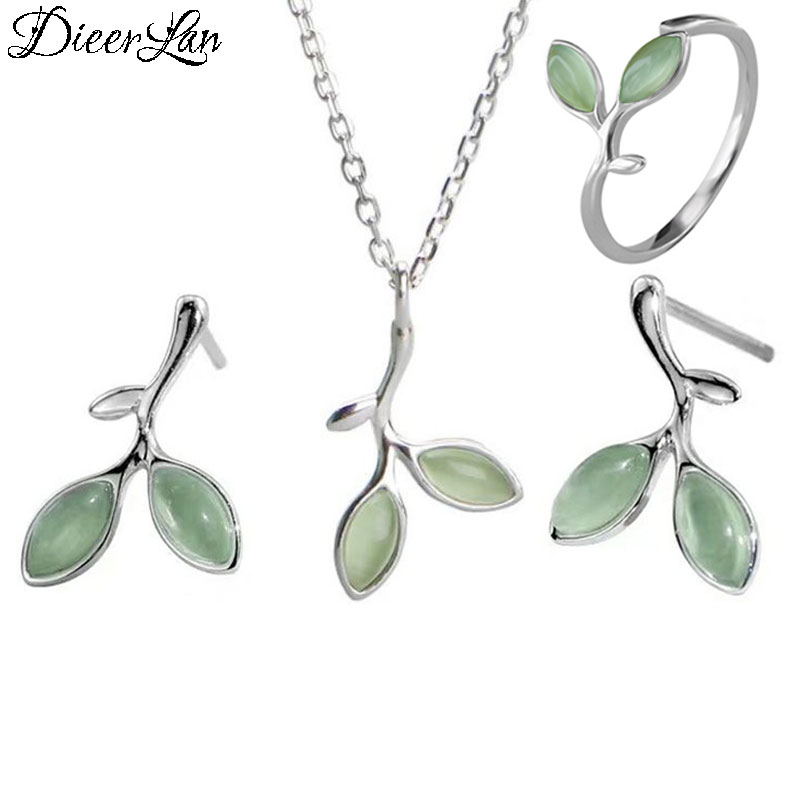 DIEERLAN Romantic Opal Jewelry Sets 925 Sterling Silver Sweet Leaf Choker Necklaces Ring Earrings for Women Statement Jewelry