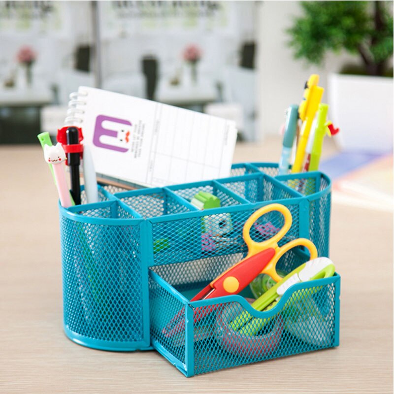 Metall mesh desktop kontor organisator penn blyantholder studie oppbevaring pennholder multi funksjon: Blå