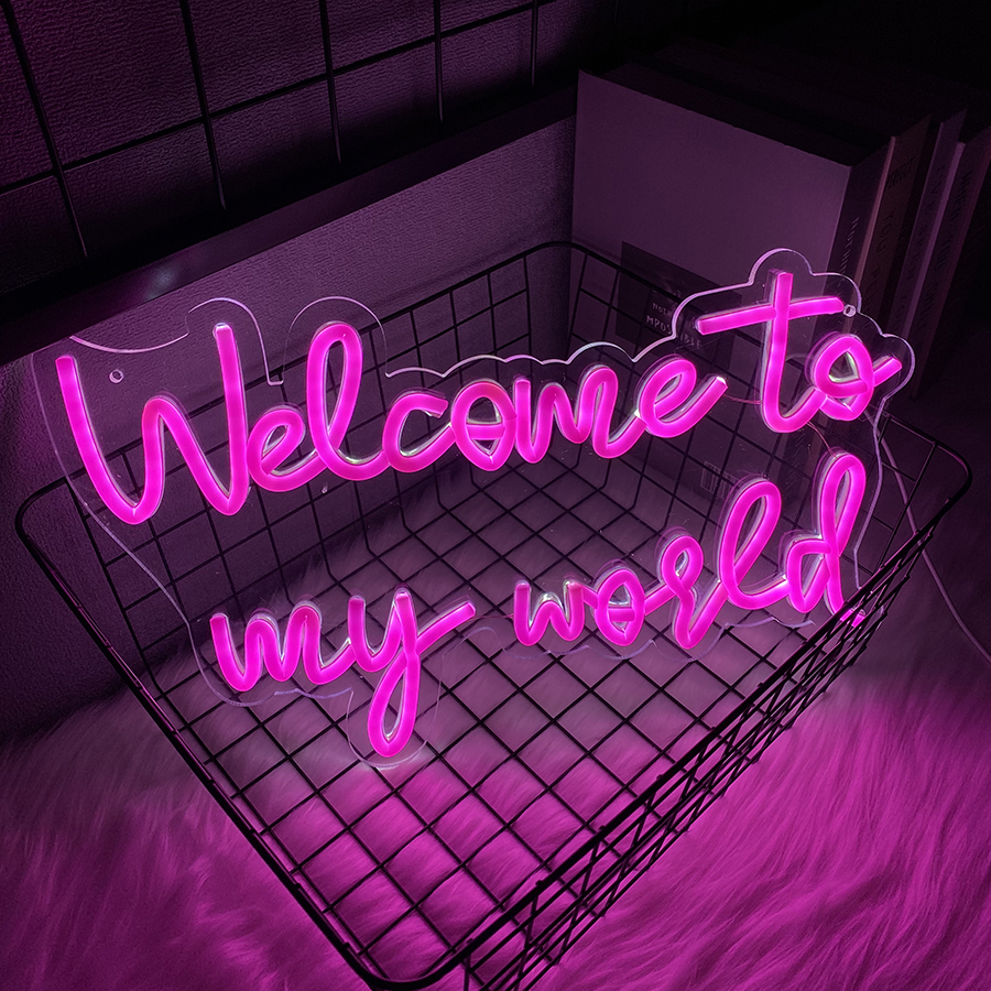Welcome To My World letrero Led de neón, letreros de letras para decoración de pared, letreros de luces de neón rosas con alimentación USB para dormitorio, Gameroom