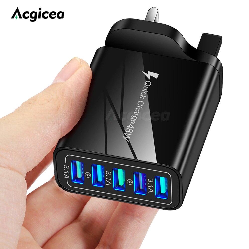 USB Charger Quick Charge 5 Port USB Charger For iPhone 12 13 Xiaomi Huawei Wall Mobile Phone Fast Travel Charger EU US UK Plug: black UK