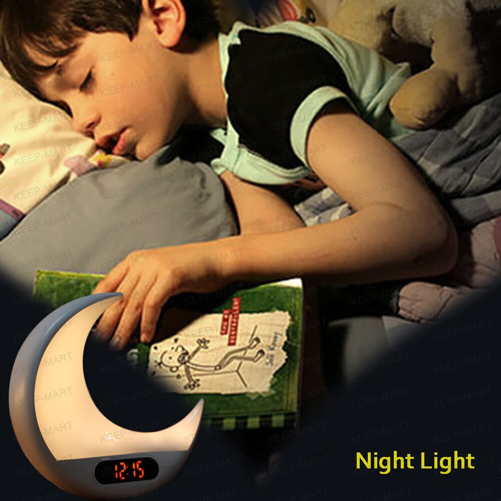 Moon Digital Alarm Clock Wake Up Light LED Lamp Electronic Desk Clock Simulating Sunrise/Sunset Colorful Light with FM Radio