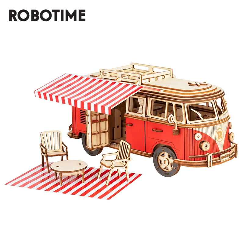Robotime rokr autocamper blok træ puslespil bil model legetøj til børn børn mcb 01