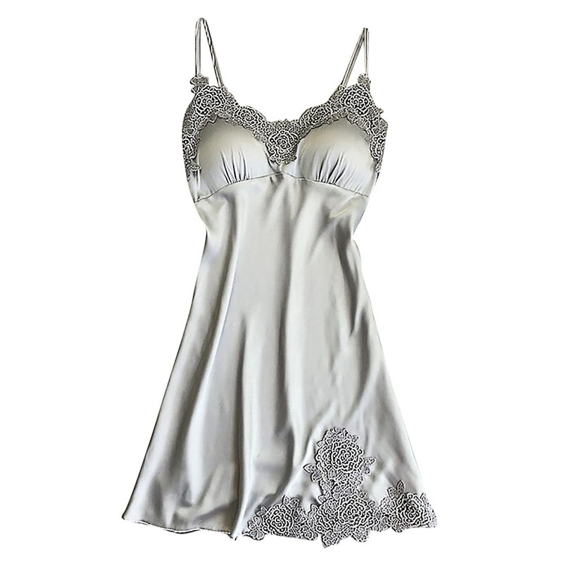 Vrouwen Sexy Kant Lingerie Nachtkleding Ondergoed Robe Babydoll Nachtkleding Jurk FemmeDe Nuit Camisola Da Mulher Da Noite QB2: Zilver / L