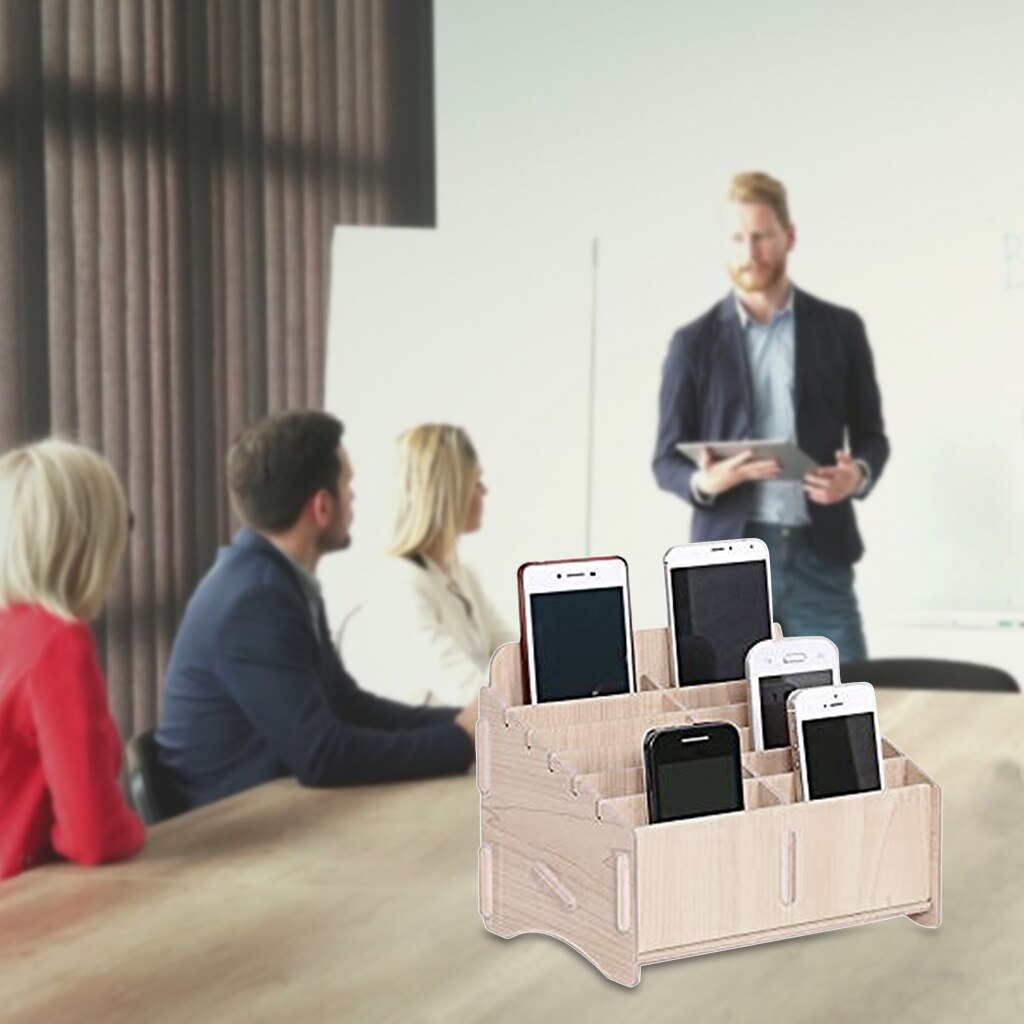 12 Compartments Wooden Mobile Phone Storage Management Box Desk Supplies Organizer Classroom Office Meeting Home