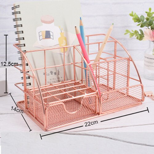 Rose Gold Desktop Storage Box Desk Magazine Rack with Pen Holder, Handmade Metal File Office Organizer Paper Tray Drawer Stor: B rose gold