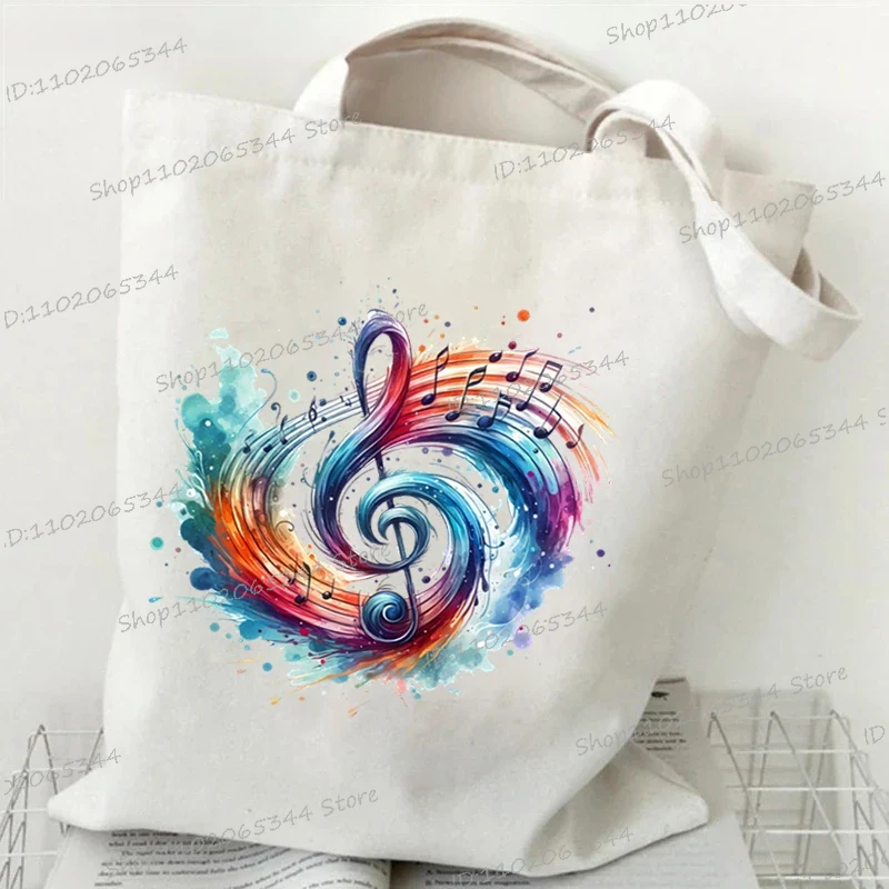 Dameshandtassen met muzieknotatie, canvas tas, grappige aquarel muzieknoot schoudertas voor tieners, zijtas voor dames: Wit