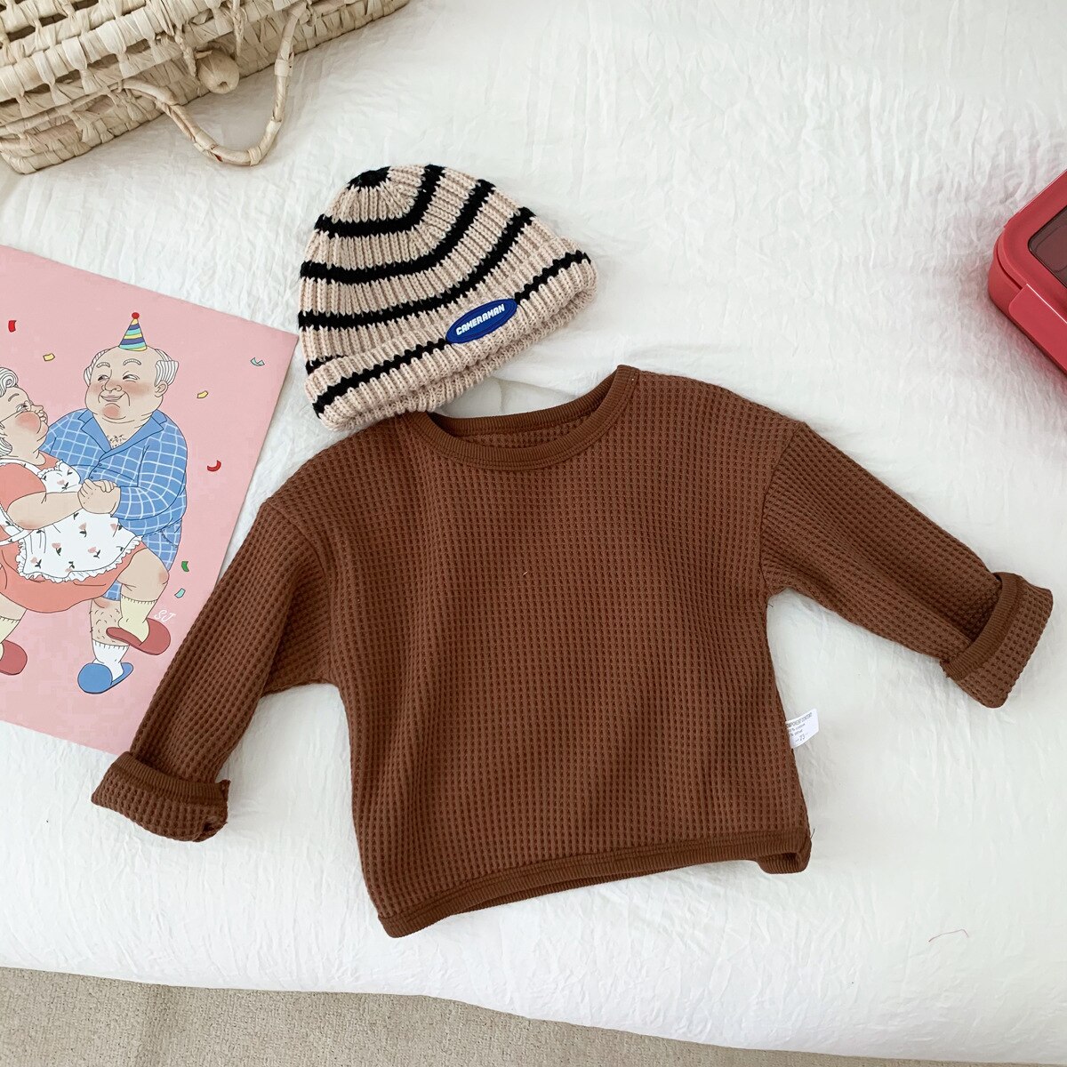 Frühling Herbst Baby Waffel Langarm Spitzen 2022 Neue Mädchen Baumwolle Bodenbildung Hemden Einfarbig freundlicher Oansatz T Shirt Kleidung: Braun / 12M  80cm