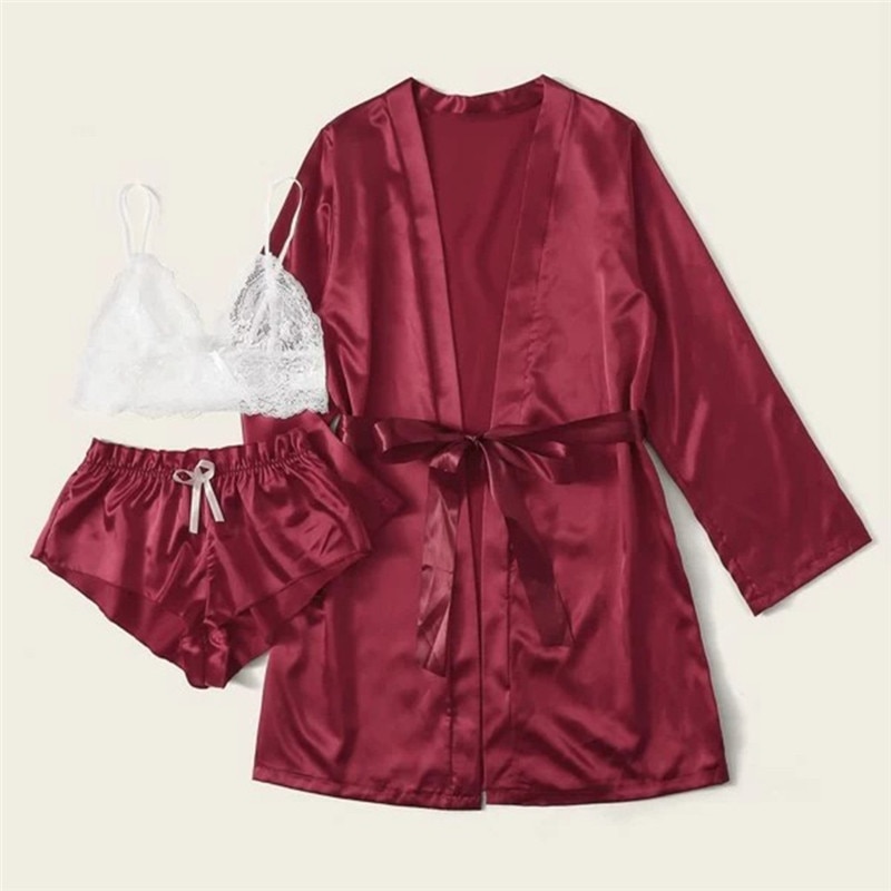 Women Sleepwear Set Sleep Wear Lace Satin Wireless Bra Camisole Shorts Pajamas Sleepwear Bow Robe 3PC Set Jaycosin